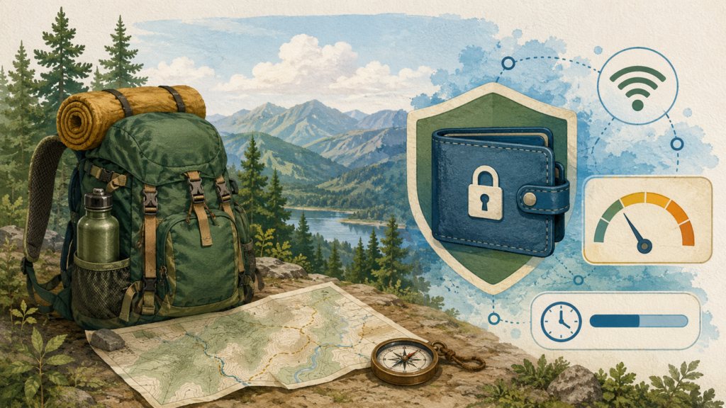 Sac de randonnée, carte, portefeuille sécurisé, réseau et jauges pour préparer un paiement crypto.